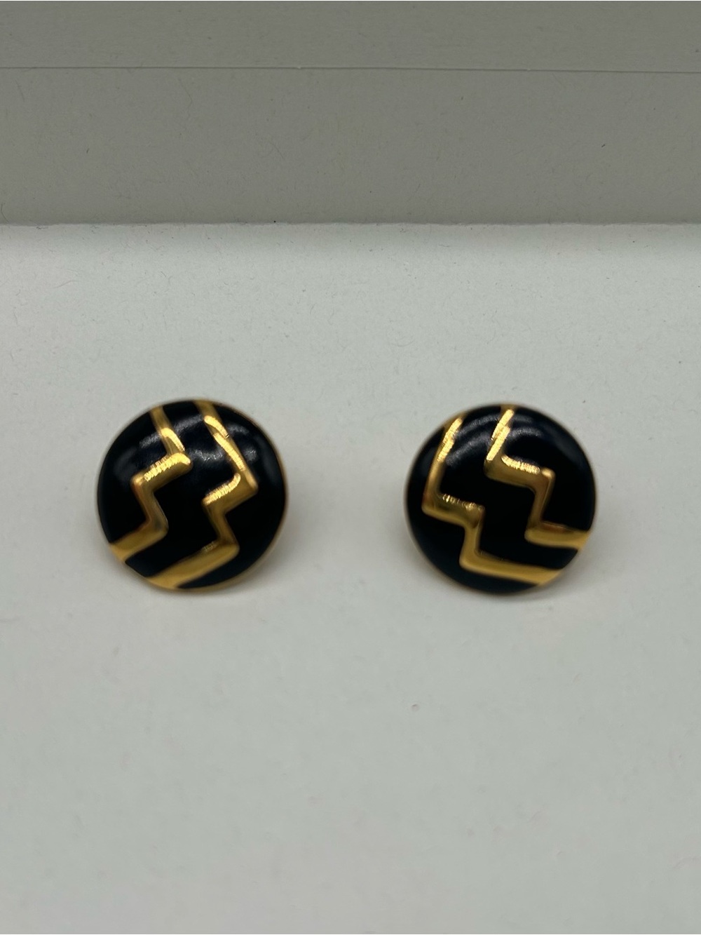 Vintage 1980s Monet Black Enamel & Gold Chevron Clip Earrings